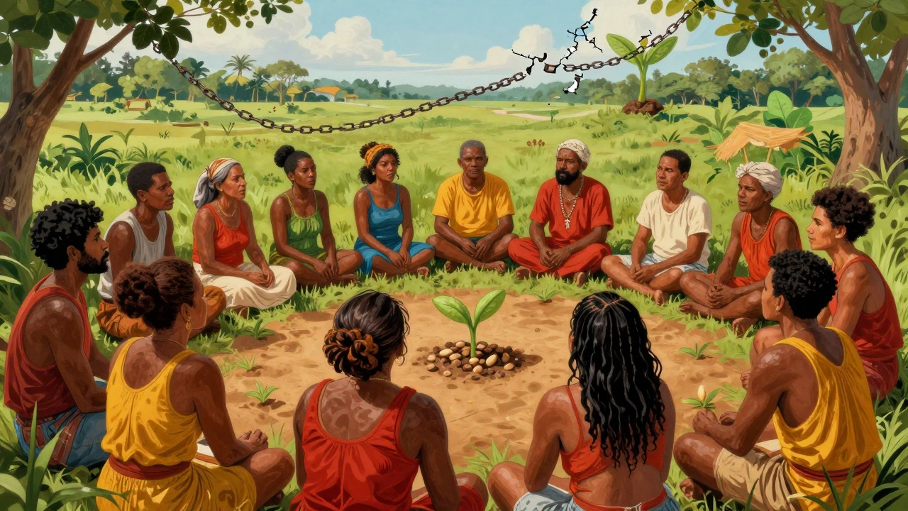 Artistic depiction of community dialogue and empowerment in critical pedagogy