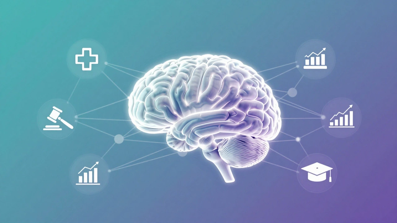 Brain icon connected to various career paths like law and medicine