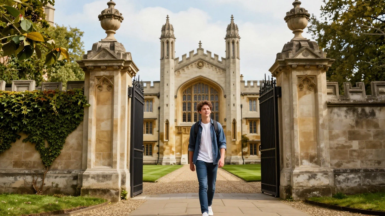 Confident student entering a historic UK university campus