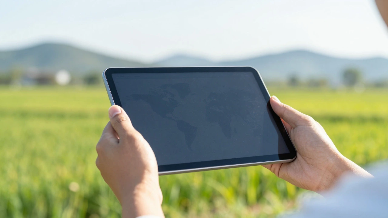 Hands holding a tablet in a rural field under a bright sky