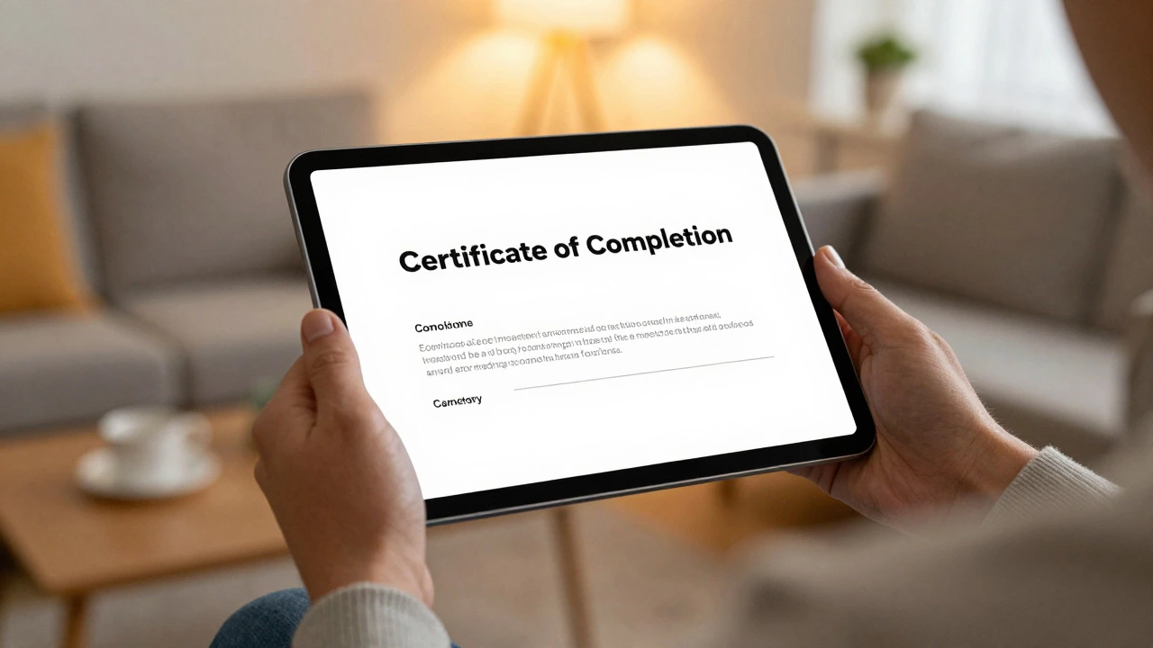 Hands holding a tablet showing a digital certificate of completion