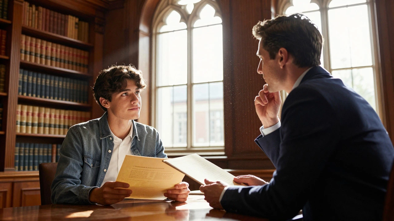 International student meeting with an admissions officer in a historic university office