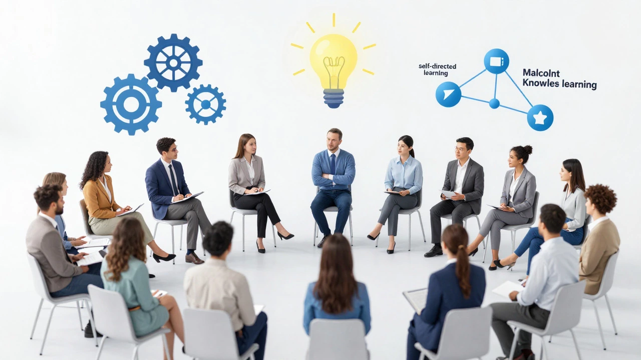Modern conceptual art showing adults collaborating in self-directed learning circles