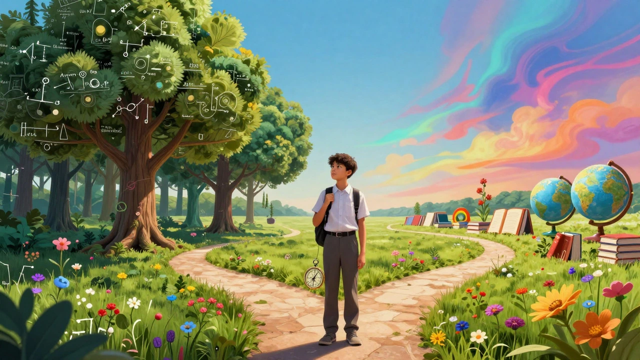 Student at a crossroads choosing between deep forest and open meadow