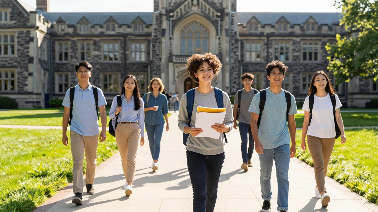 Students walking towards a historic university campus building in sunlight