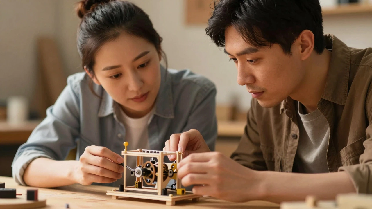 Two adults solving a practical problem together at a workshop table