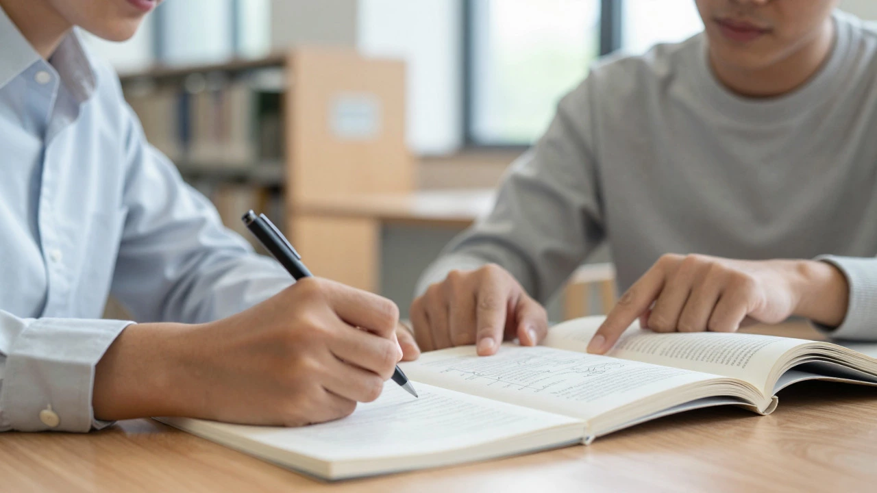 Two students collaborating and studying in a university library