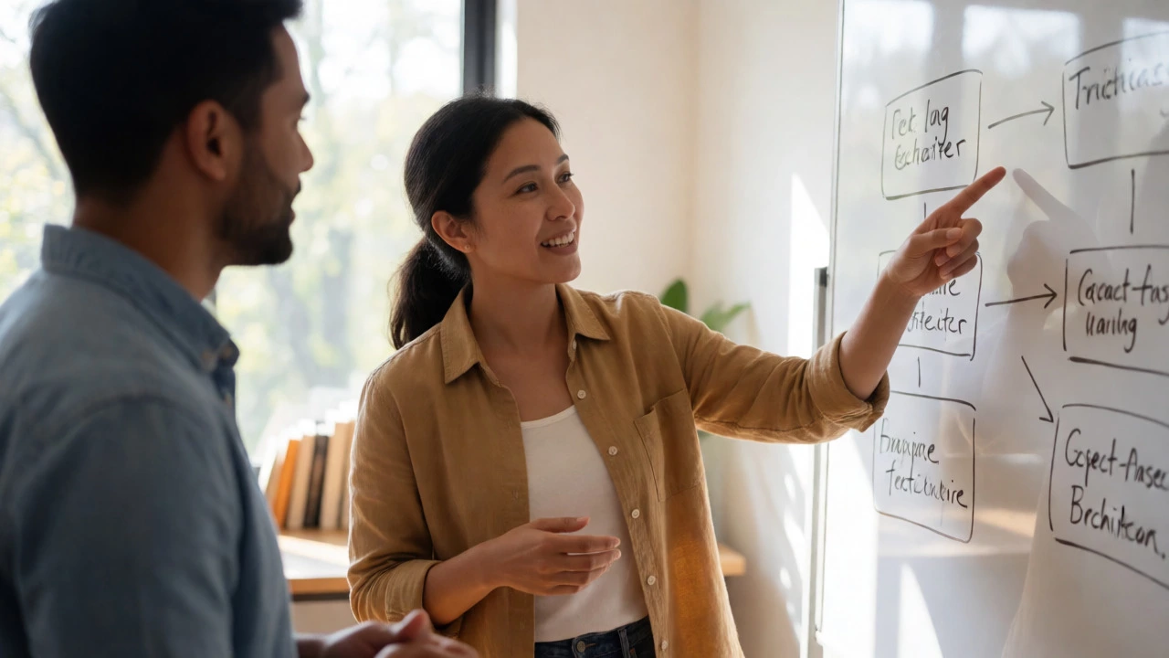 Woman actively explaining concepts on a whiteboard to a colleague
