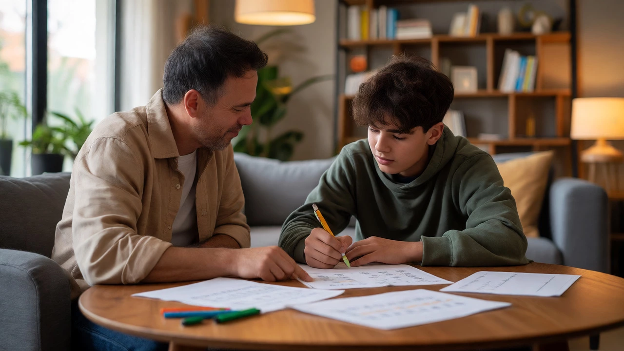 A patient tutor helping a teenager with algebra in a cozy setting.