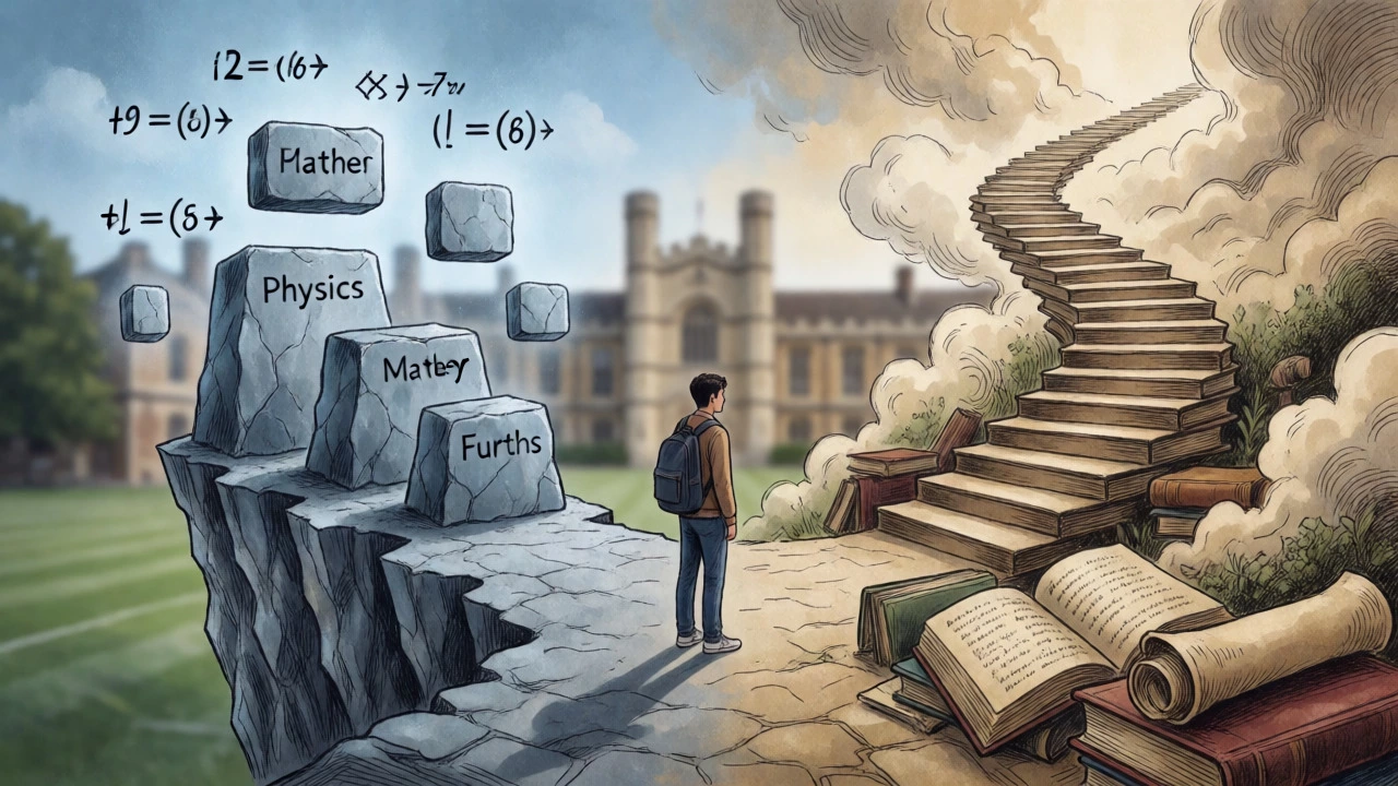 Conceptual art showing student choosing between steep STEM cliffs and essay staircases.