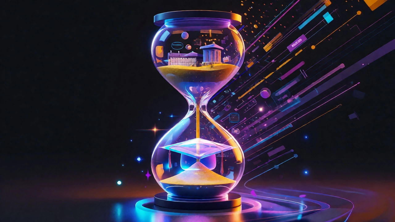 Conceptual hourglass transforming time into digital speed and success