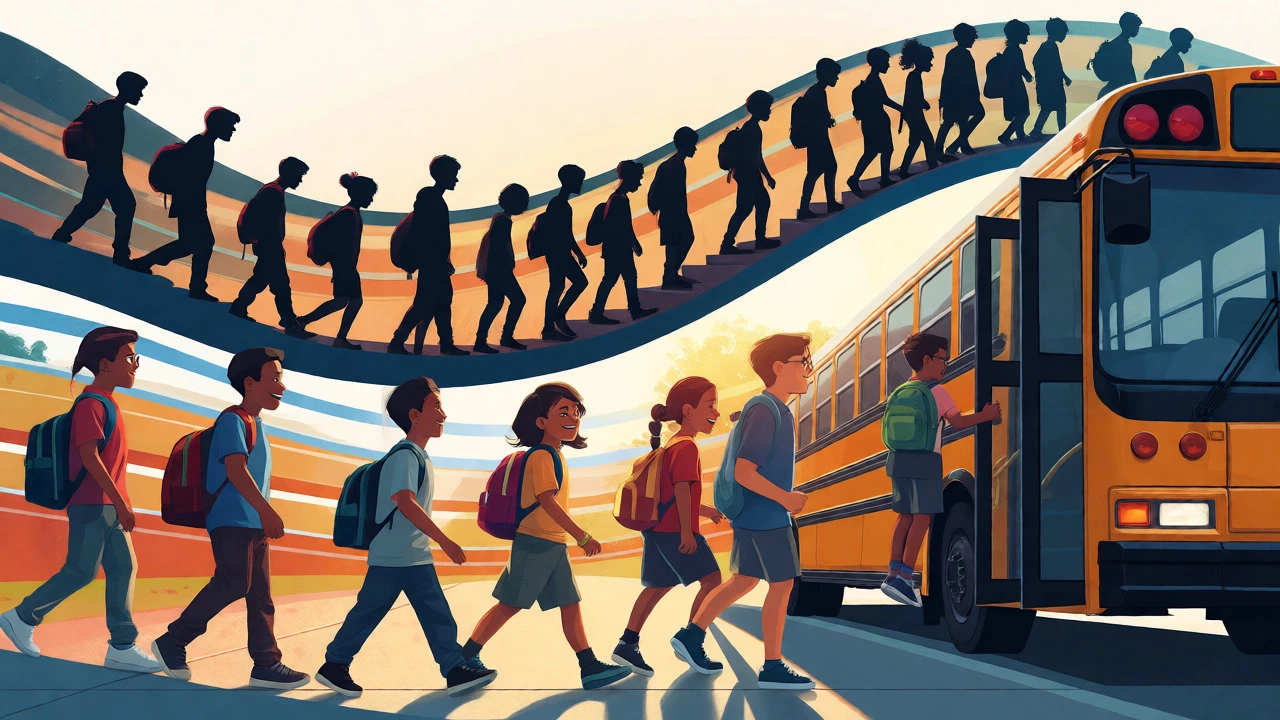 Conceptual illustration of three staggered school bus waves for different grade levels
