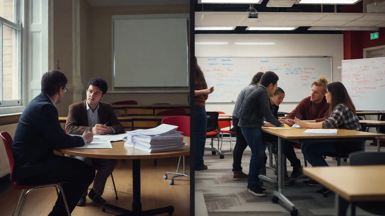 Contrast between quiet UK independent seminar and active US group project classroom