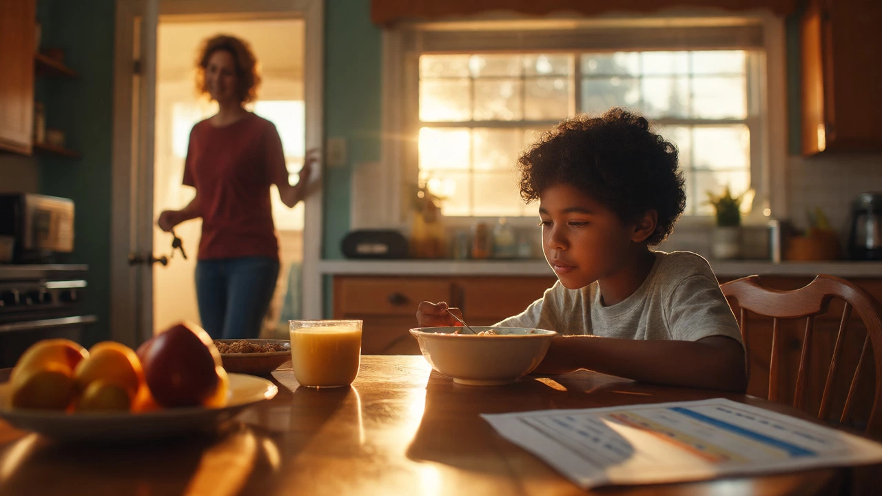 Elementary student eating breakfast calmly in a sunlit kitchen before school