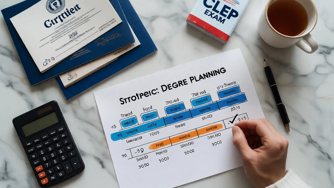Flat lay of study materials and timeline showing fast degree planning