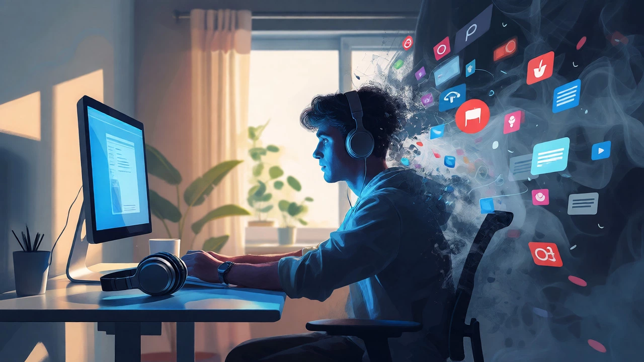 Focused student in a quiet home study vs digital distractions