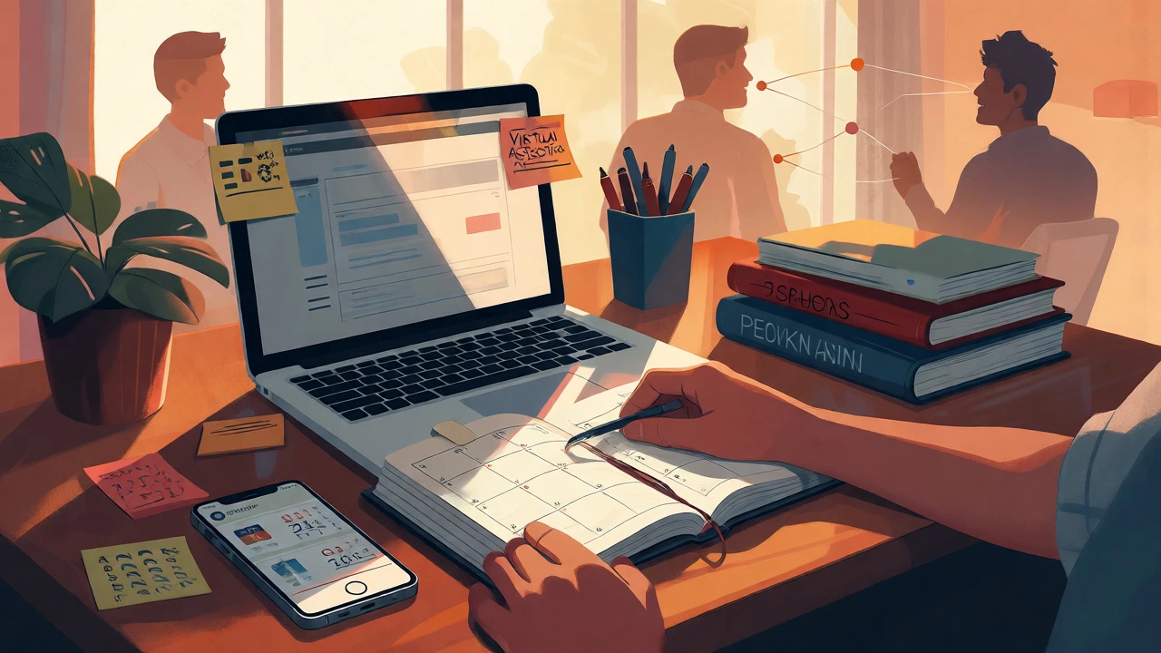 Organized desk setup for virtual assistance and copywriting with planning tools
