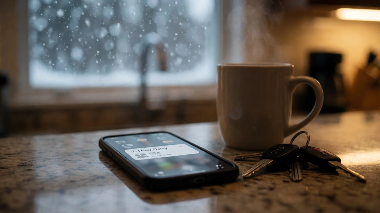 Smartphone showing delay alert next to coffee and keys on a kitchen counter with snow outside.
