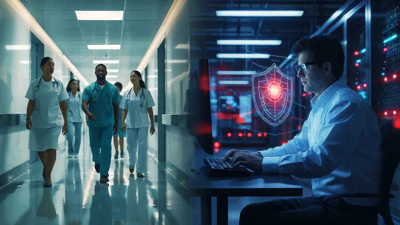 Split scene showing healthcare leadership and cybersecurity protection efforts.