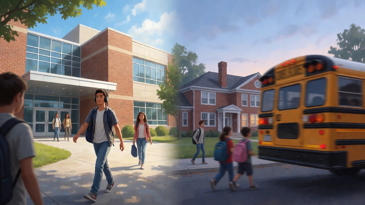 Split view contrasting a high schooler walking in sunlight with an elementary bus in dawn light.