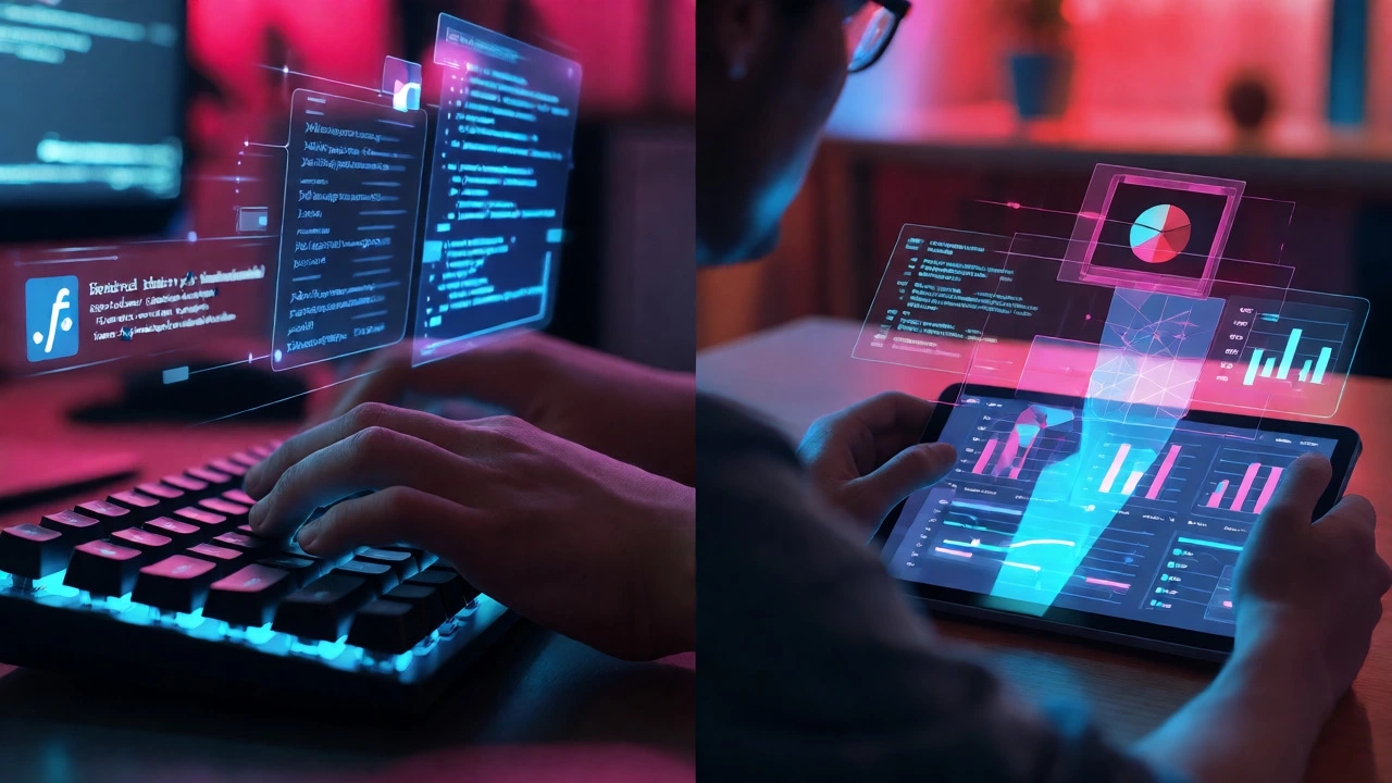 Split view of coding on a laptop and analyzing data visualizations in a tech workspace
