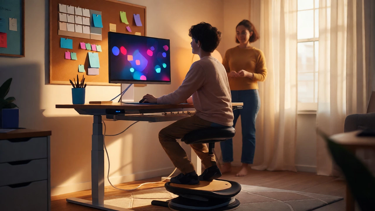 Teenager studying at a standing desk with organized visual aids