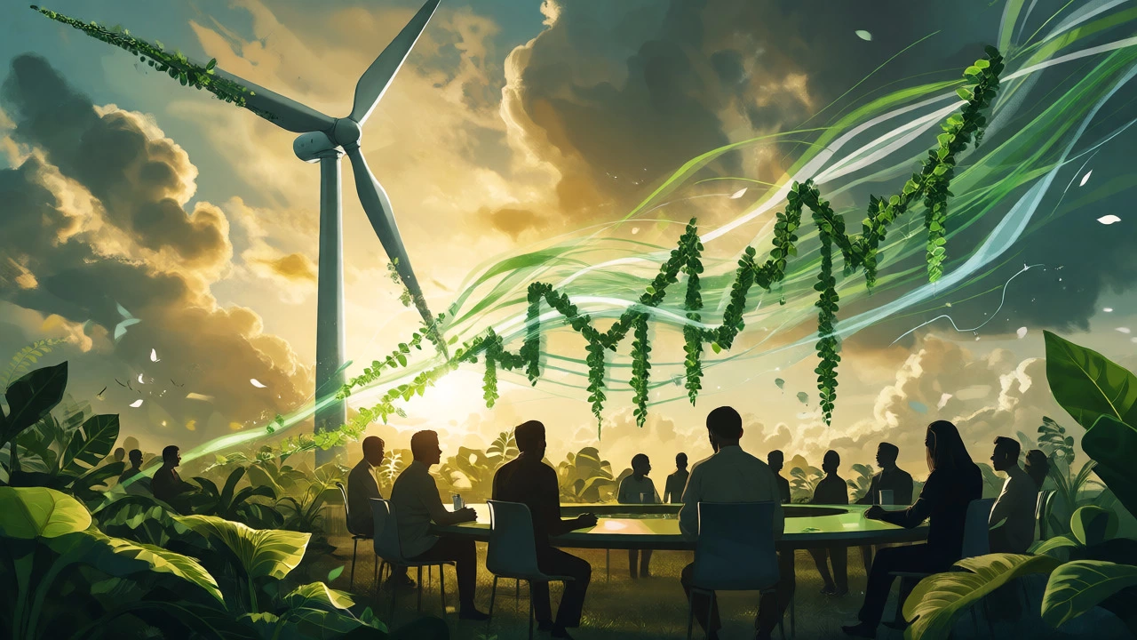 Wind turbine transforming into green financial growth charts with business team.