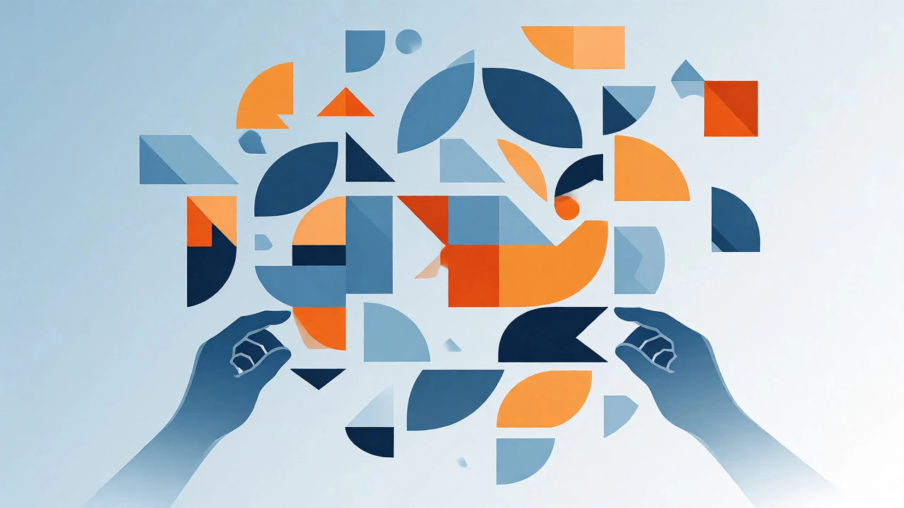 Abstract geometric shapes assembling into a structured solution against a gradient background.
