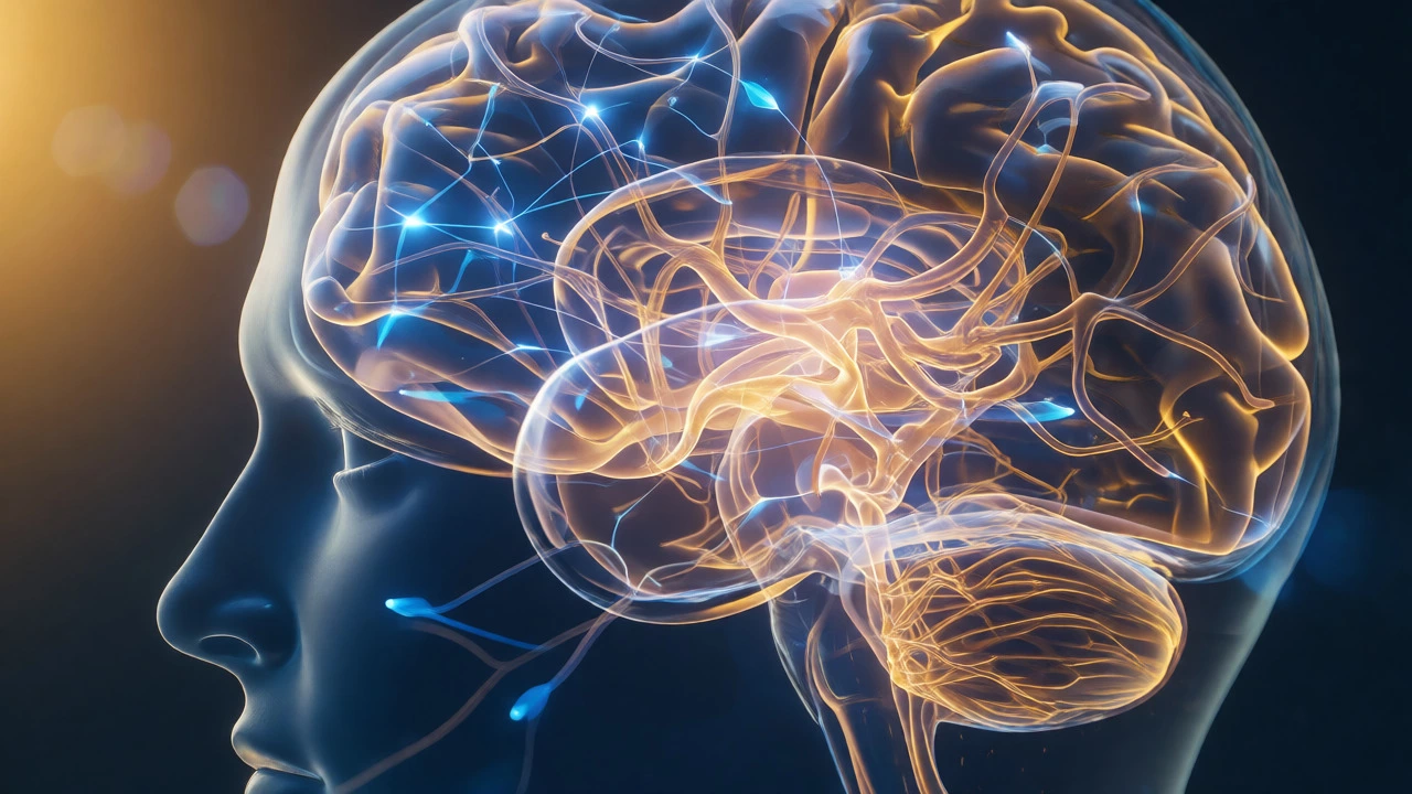 Abstract visualization of neural pathways connecting in a brain