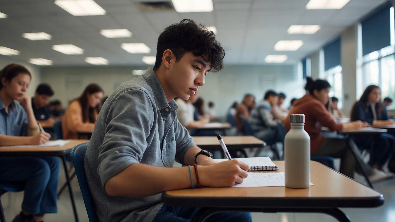 Confident student taking an exam in a bright classroom