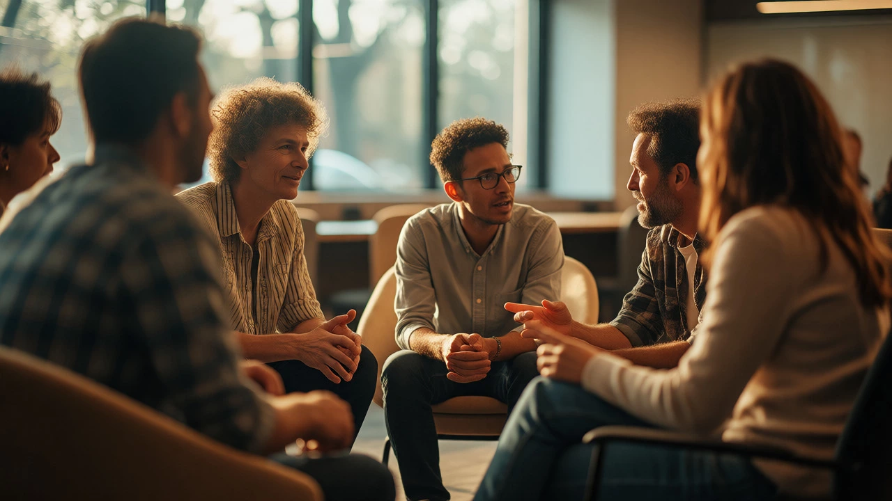 Diverse adults engaged in a peer-to-peer discussion in a bright meeting room.