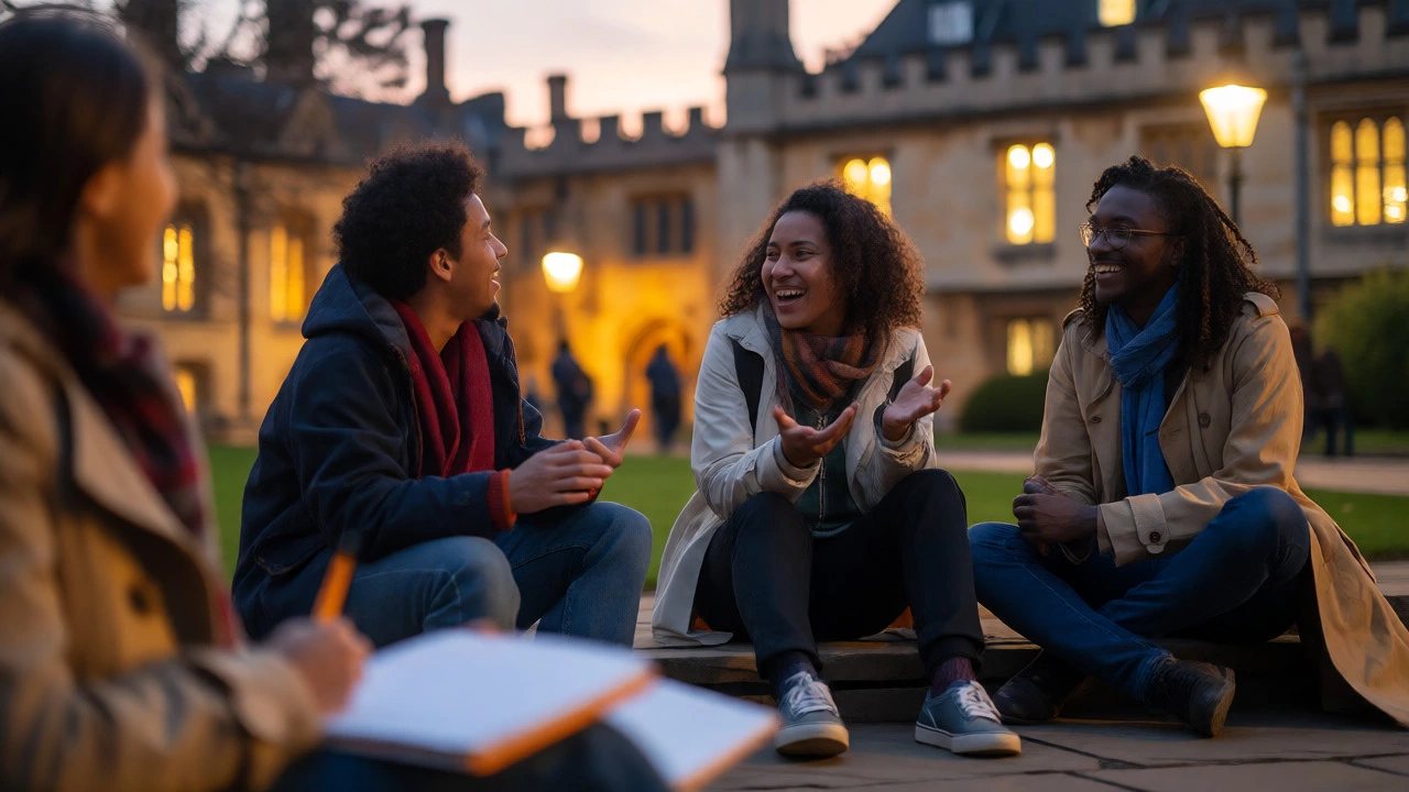 Diverse group of students chatting and laughing on university steps during twilight.