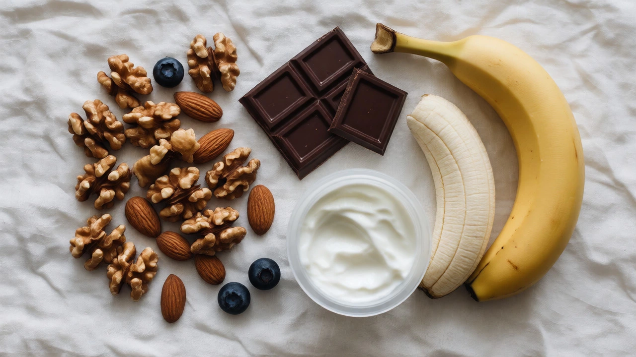 Flat lay of nuts, dark chocolate, banana, and yogurt on a table
