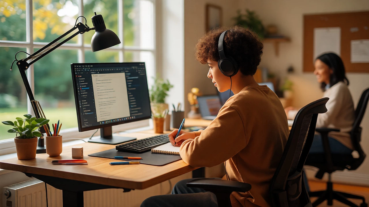 Focused teen studying at bright home desk