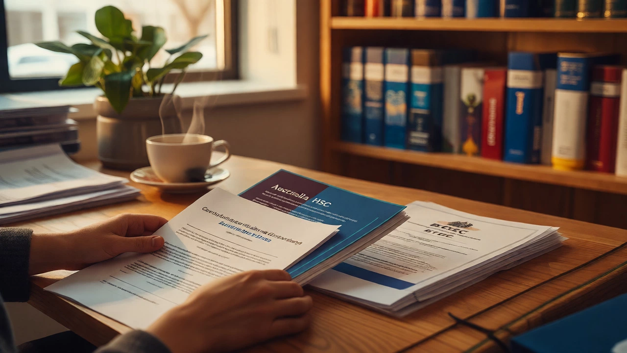 Hands arranging Canadian, Australian, and vocational certificates on a desk.