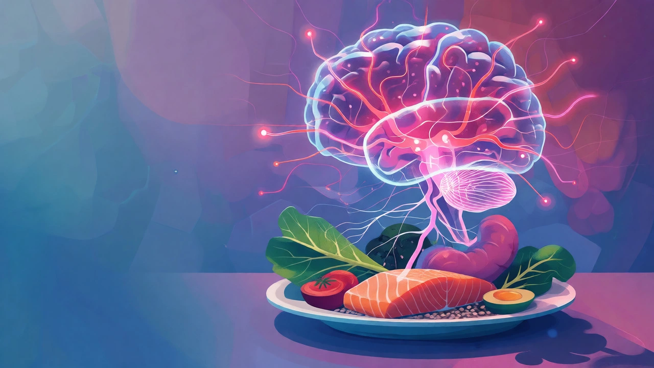 Illustration of a glowing brain connected to healthy foods via nerves