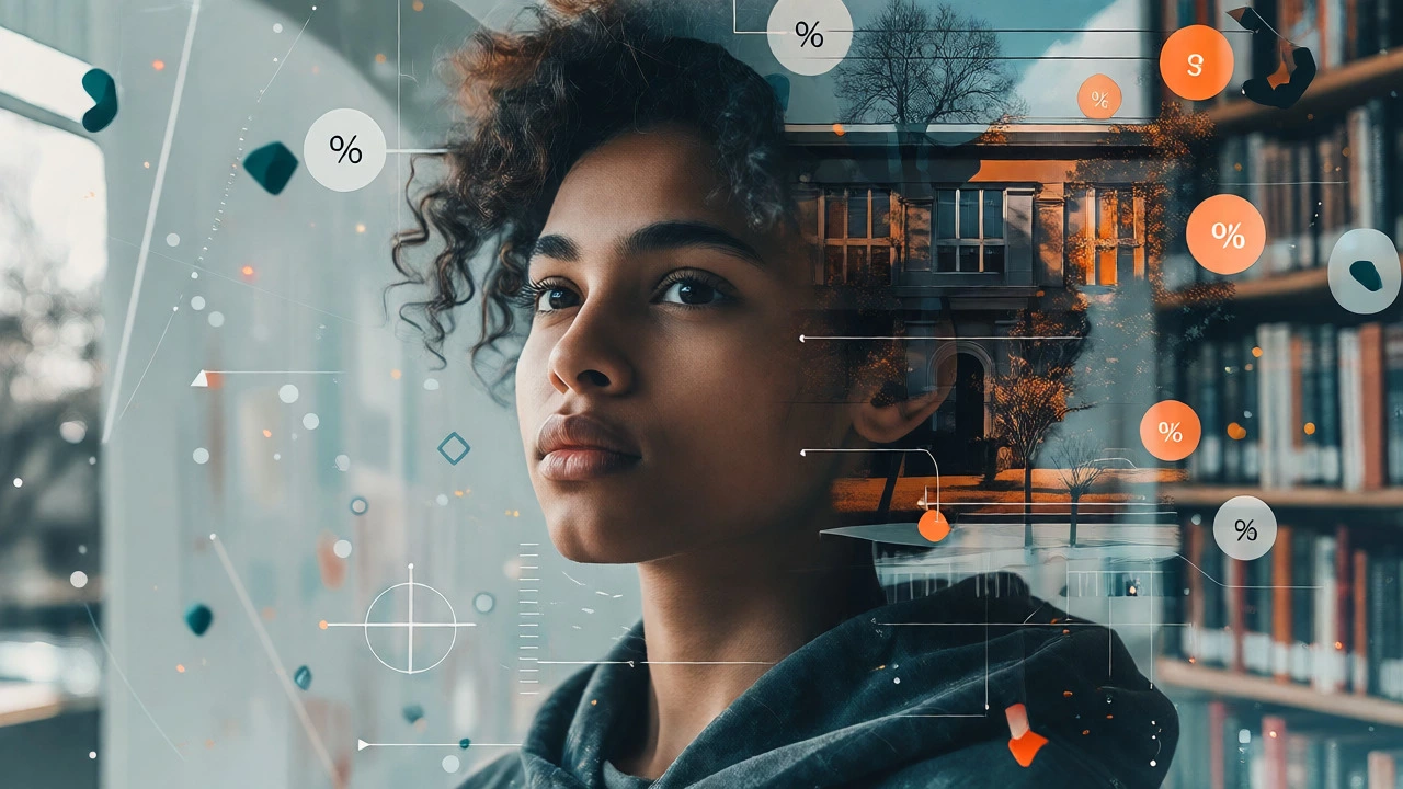 Portrait blended with campus and data graphics