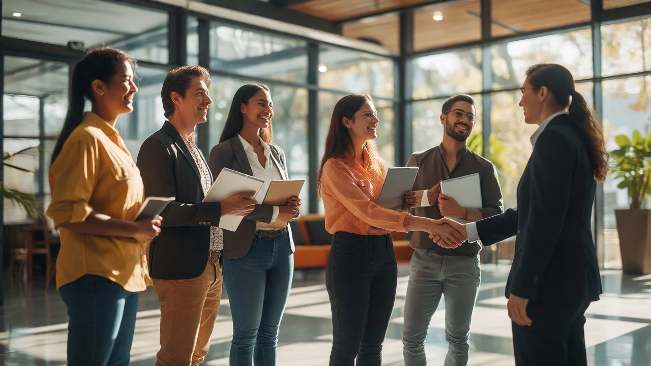 Professionals in a modern office shaking hands, showcasing career success