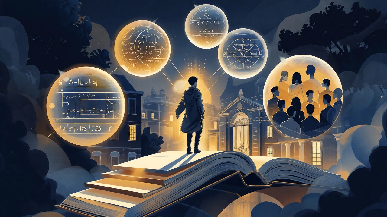 Scholar balancing spheres of academics and extracurriculars on a path to a prestigious university.