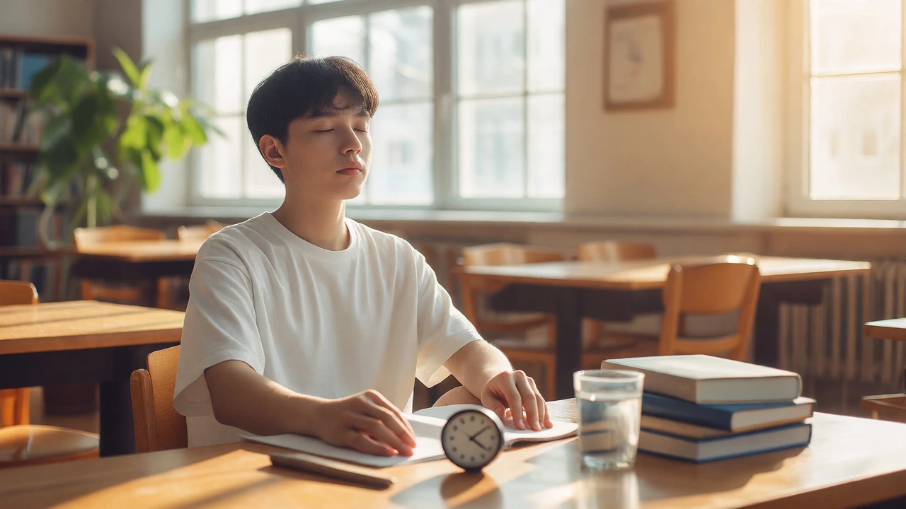 Student practicing calm breathing techniques in a sunny study area