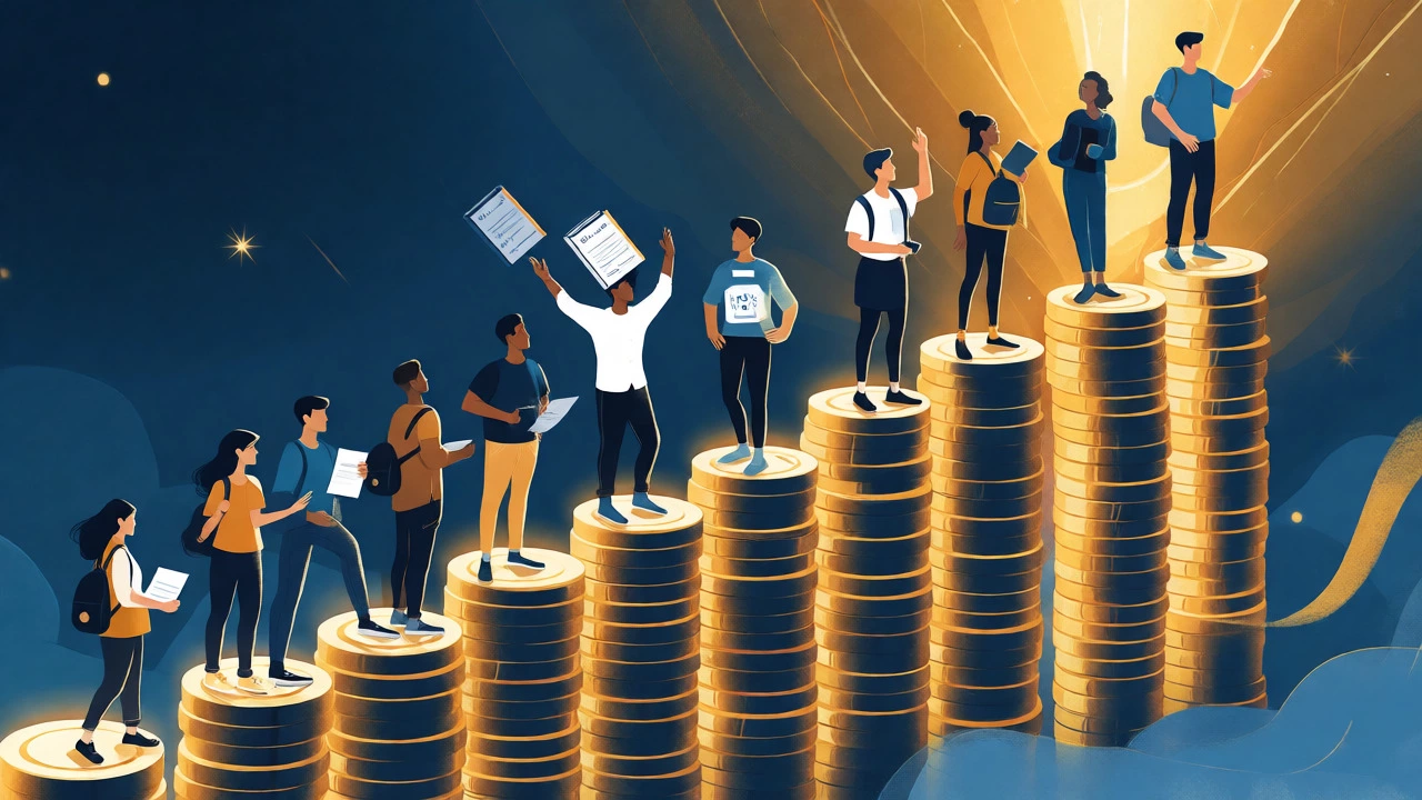 Students climbing a staircase of gold coins