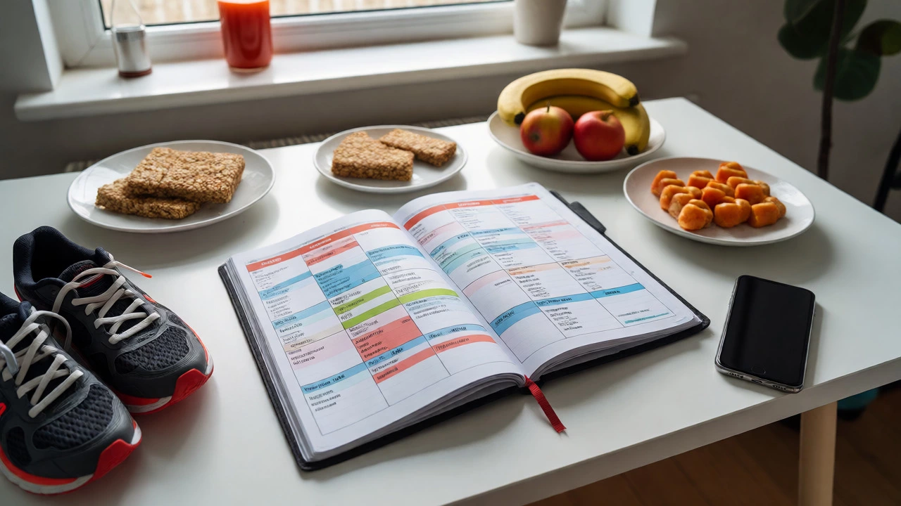 Study planner, healthy snacks, and running shoes on a desk representing balanced preparation.