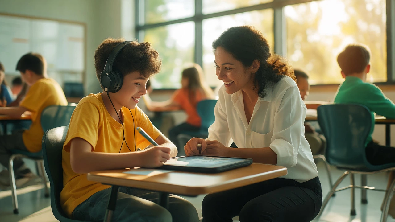 Teacher and student smiling together using assistive tech